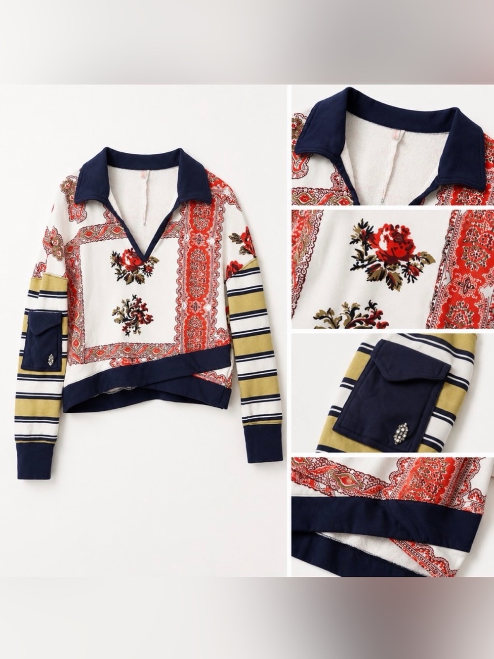 Free People Floral Bandana Print Cropped Polo Sweater